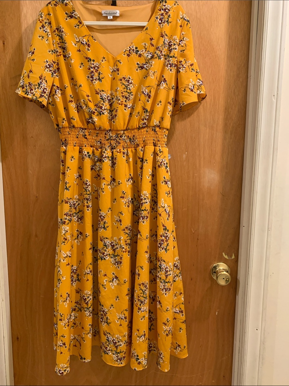 Universal Thread Mustard Yellow Floral Smocked-Waist Midi Dress